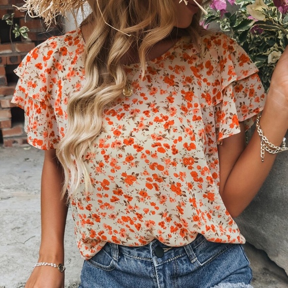 Bohemian Orange Ditsy Floral Butterfly Sleeve Blouse - Picture 2 of 11